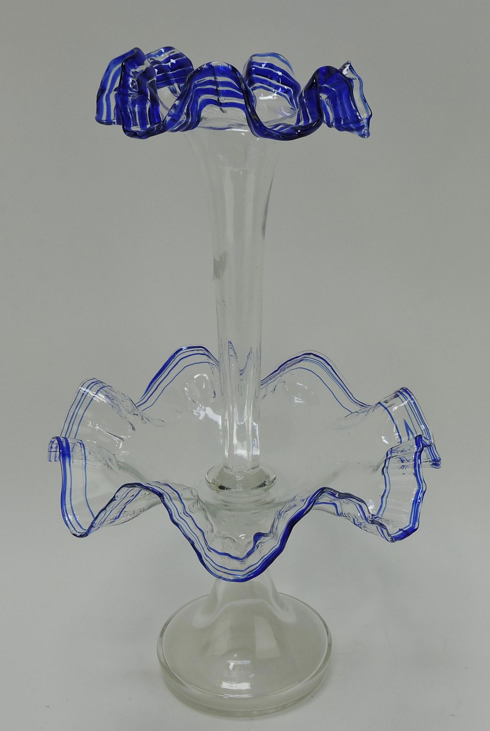 Clear glass epergne with blue trim, 16" (1 of 1)