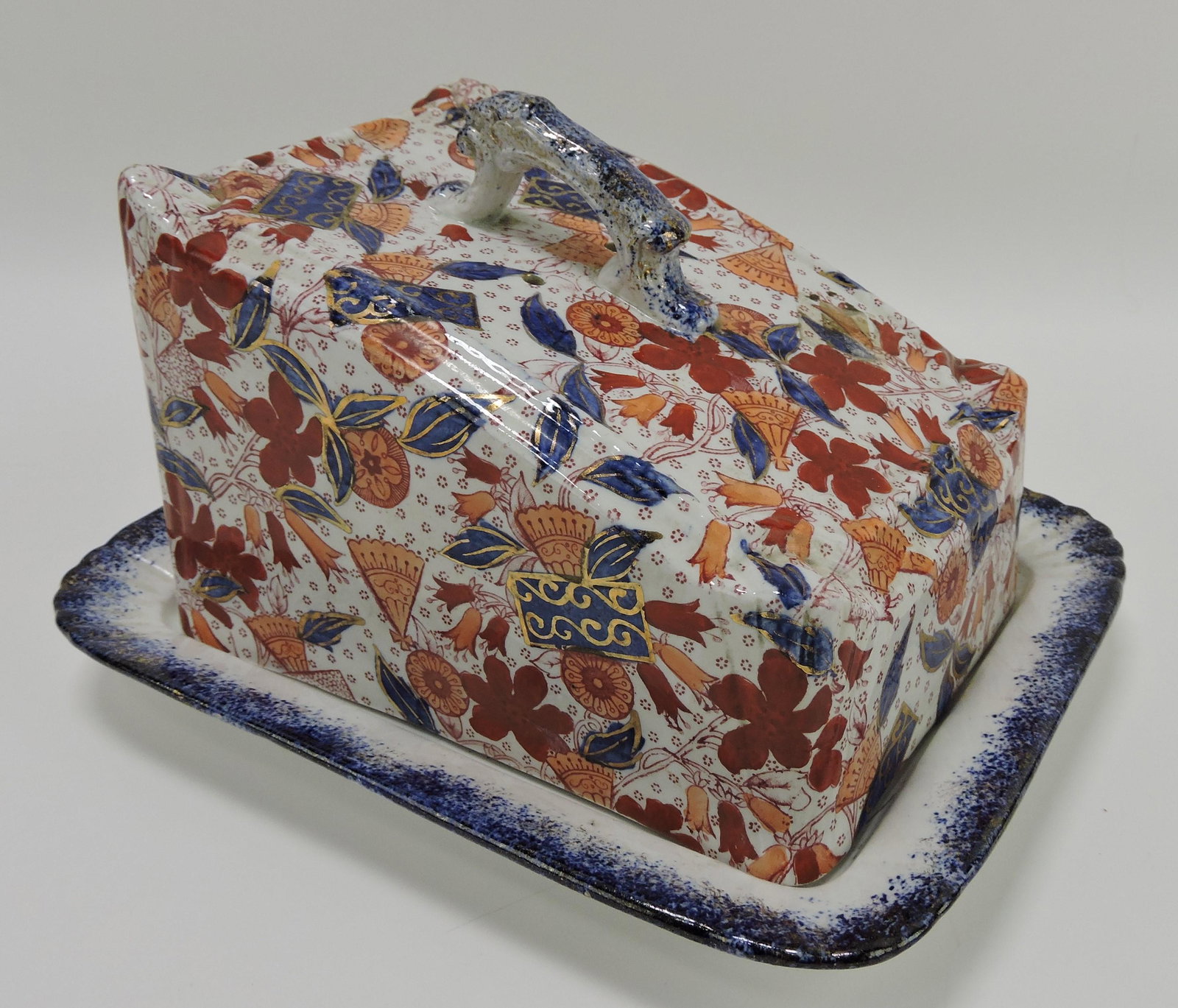 Ironstone floral wedge cheese: keeper, 6"h, 9"l