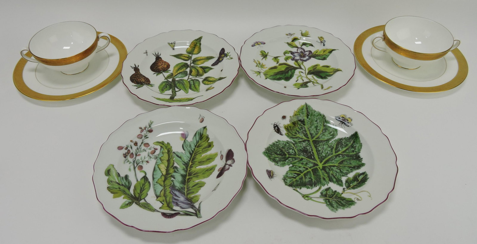 Set of 4 - 8 1/2" Metropolitan Museum: of Art botanical plates and pair of Wedgwood Ascot cream soups and stands