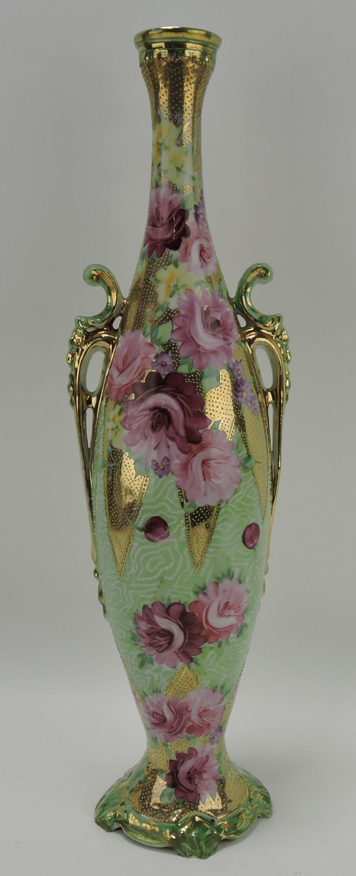 Nippon 17" vase with roses and gold: beading, base foot repair