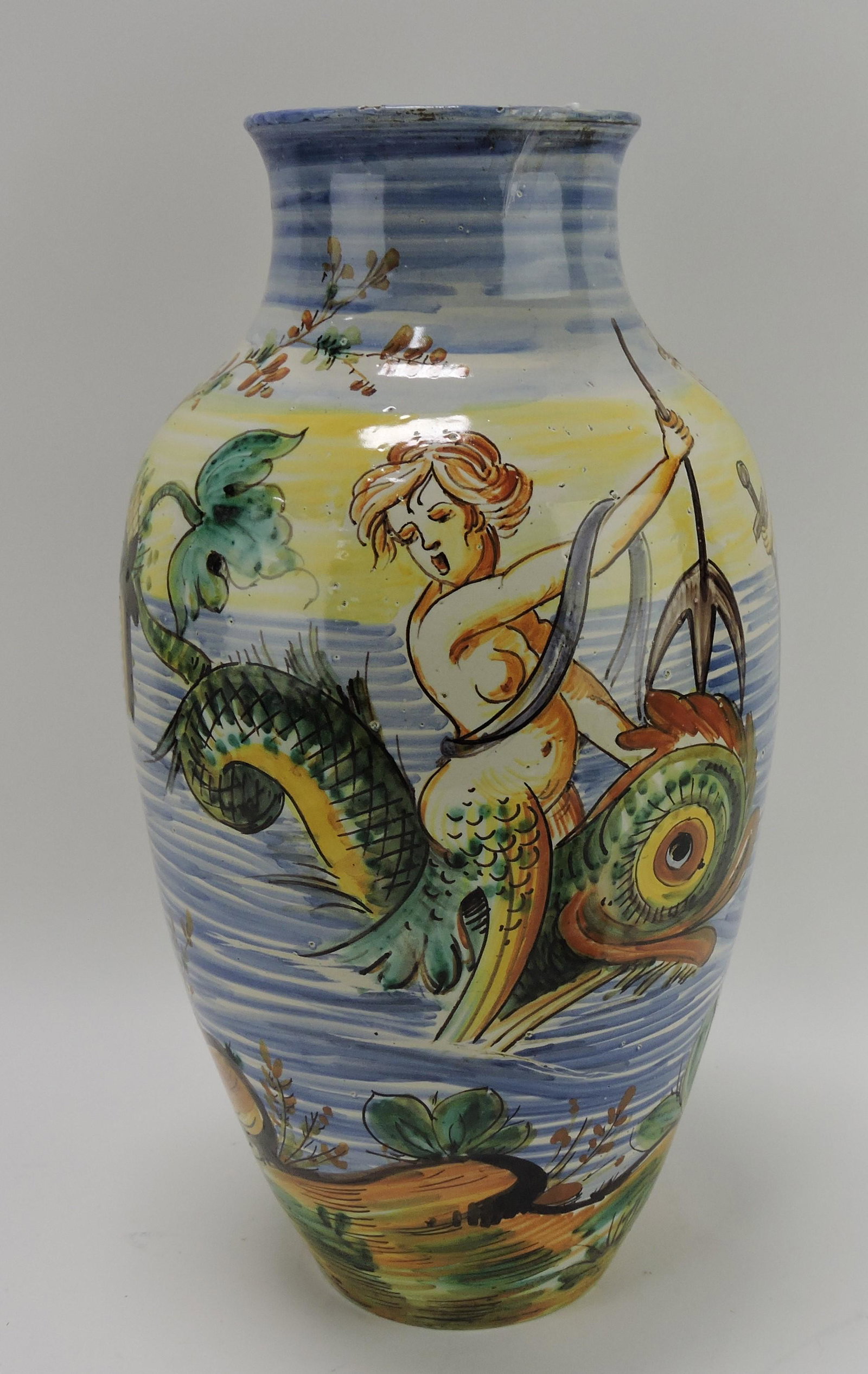 French Faience vase with cherubs on: dolphins at sea, 17", rim nick