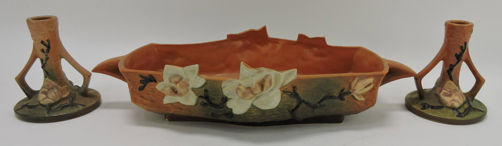 Roseville brown Clematis console: set bowl #451-12 (nicks) and candle holders #1157-4 1/2
