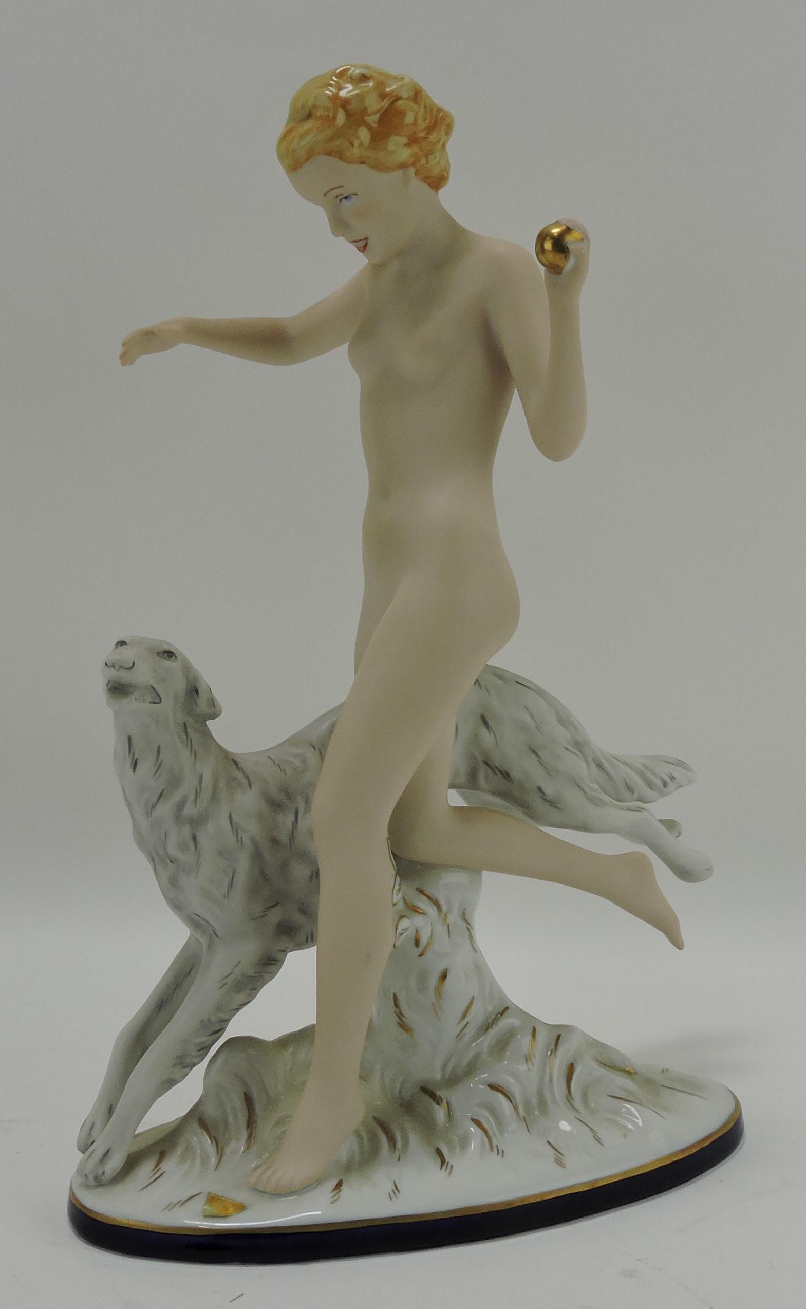 Royal Dux figure of nude lady with: dog, 15"