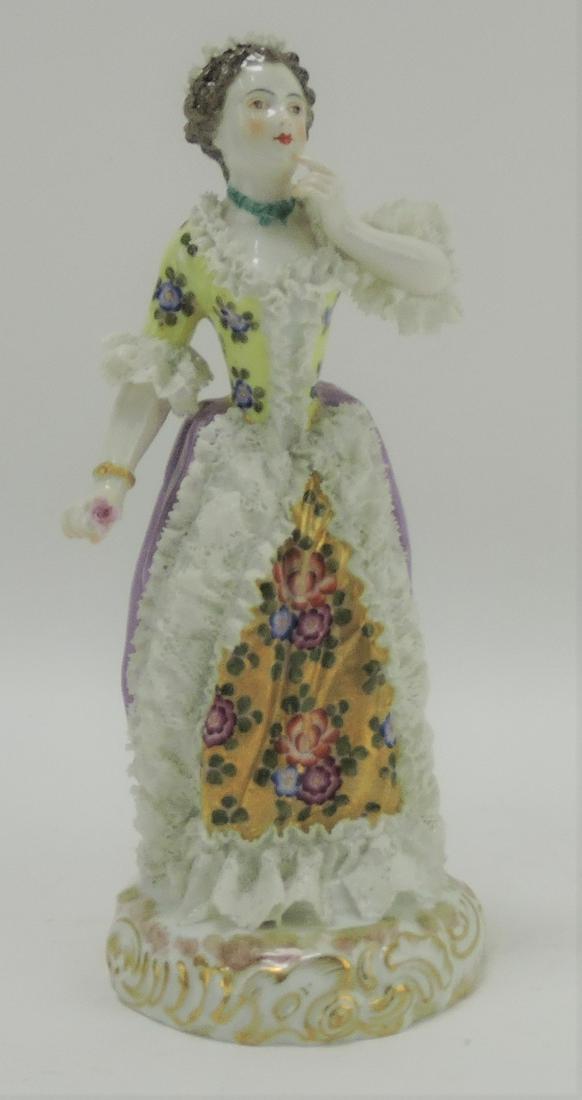 Meissen figure of a lady, 8 1/2",: applied lace (some losses)