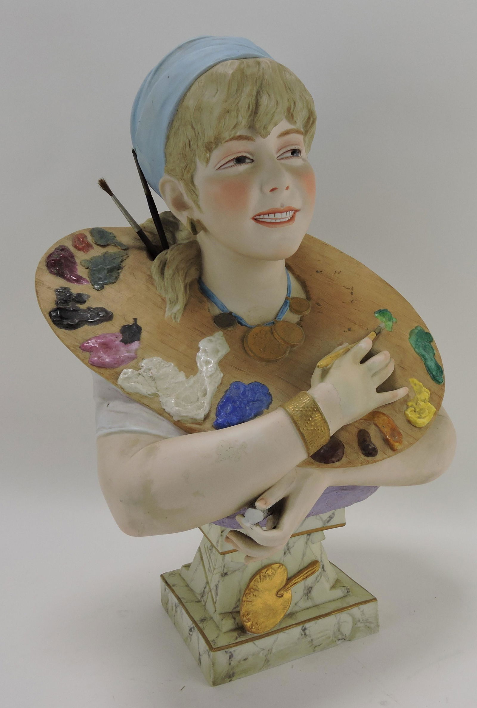 Bisque bust of lady, artist signed,: some losses, 18 1/2"