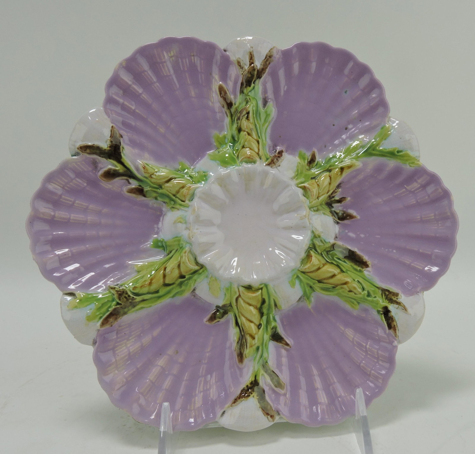 George Jones majolica pink 6 well: oyster plate, 8 3/4"