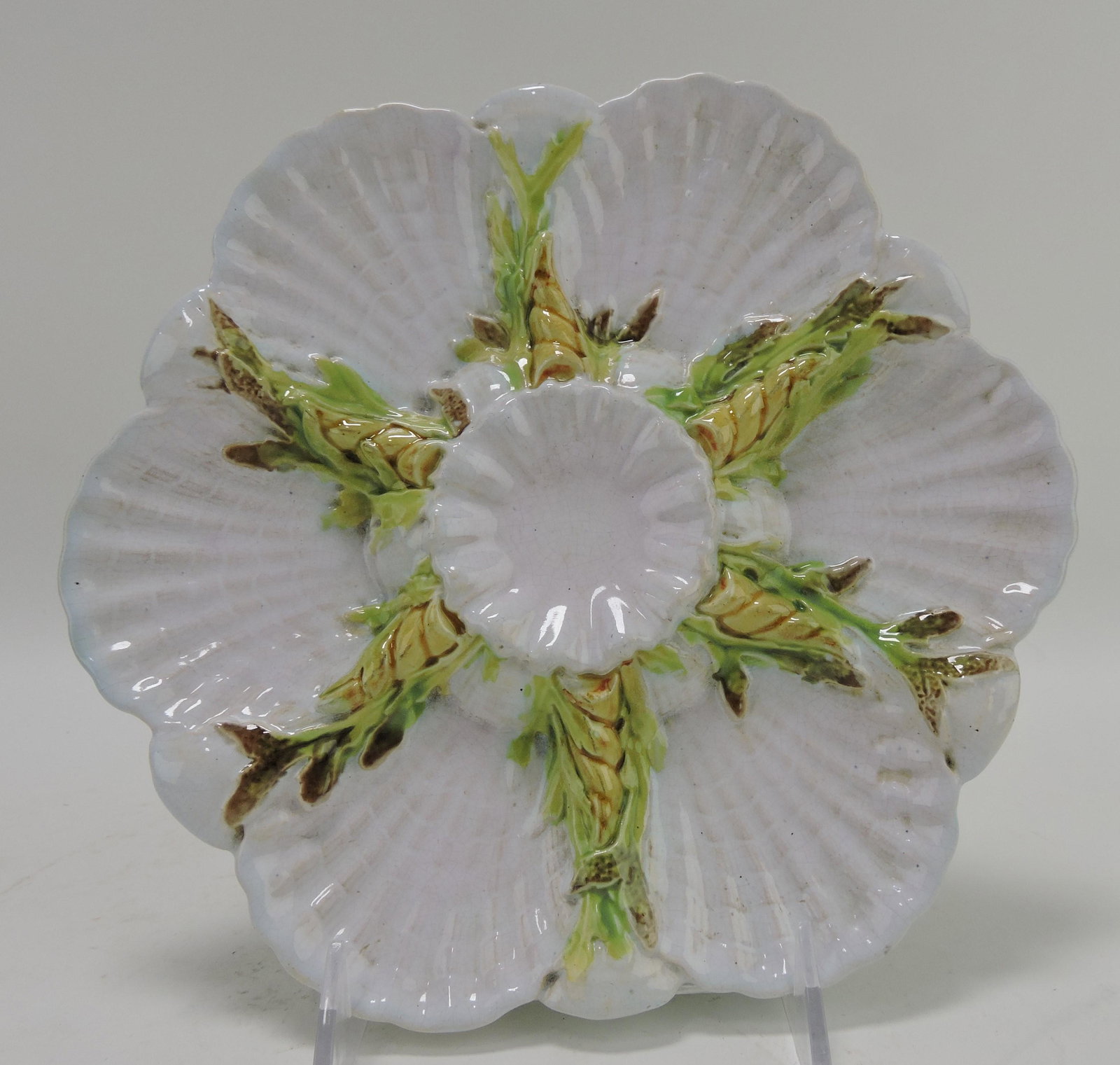 George Jones majolica white 6 well: oyster plate, 8 3/4"