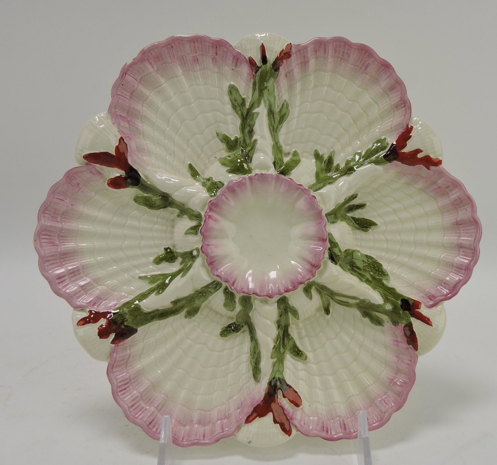 George Jones majolica albino 6 well: oyster plate with pink trimmed shells, 8 3/4"
