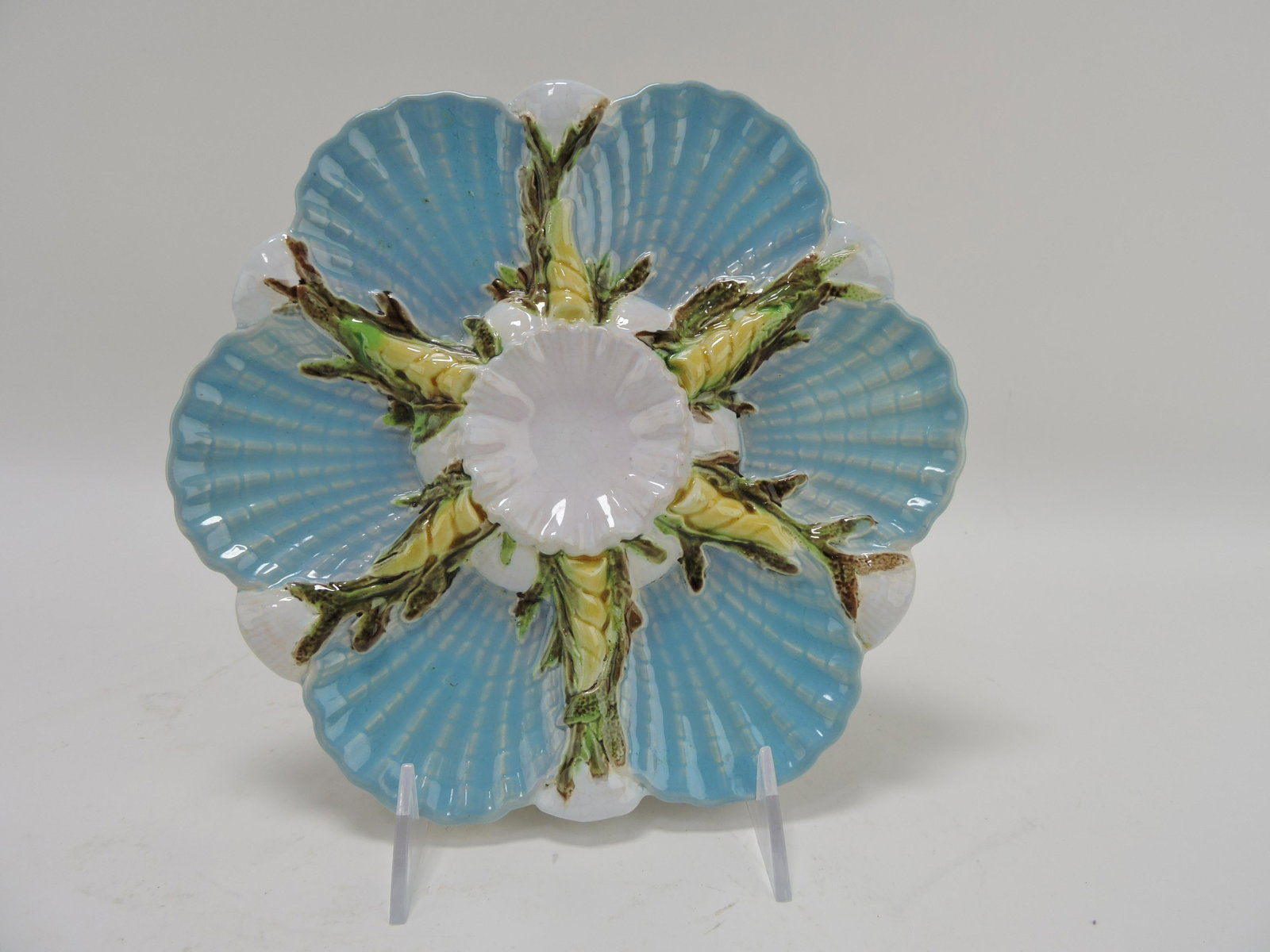 George Jones majolica turquoise: 6 well oyster plate, 8 3/4", Betsy & Rick Porter Collection