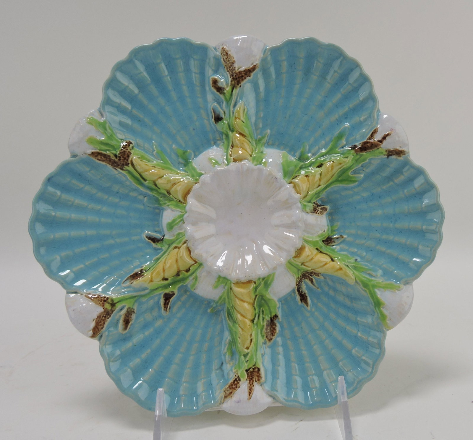 George Jones majolica turquoise: 6 well oyster plate, 8 3/4", Betsy & Rick Porter Collection