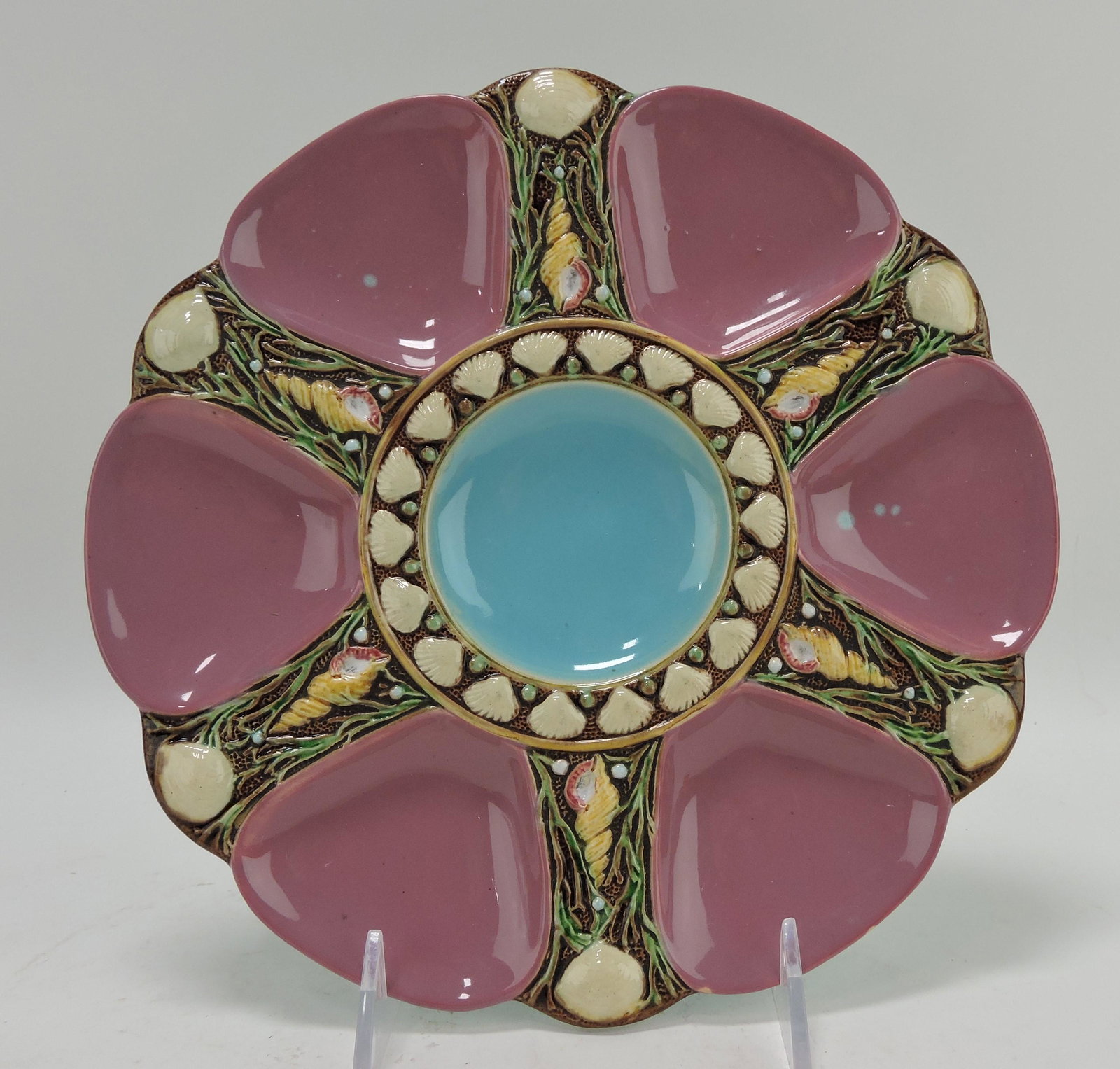 Minton majolica pink 6 well oyster: plate, 9", no. 1323