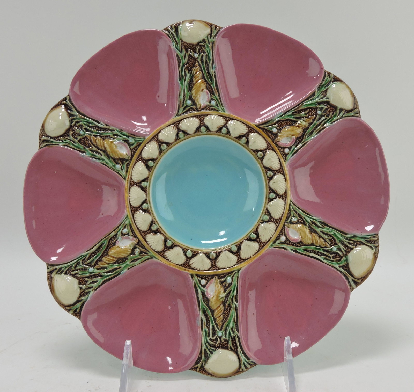 Minton majolica pink 6 well oyster: plate, 9", no. 1323