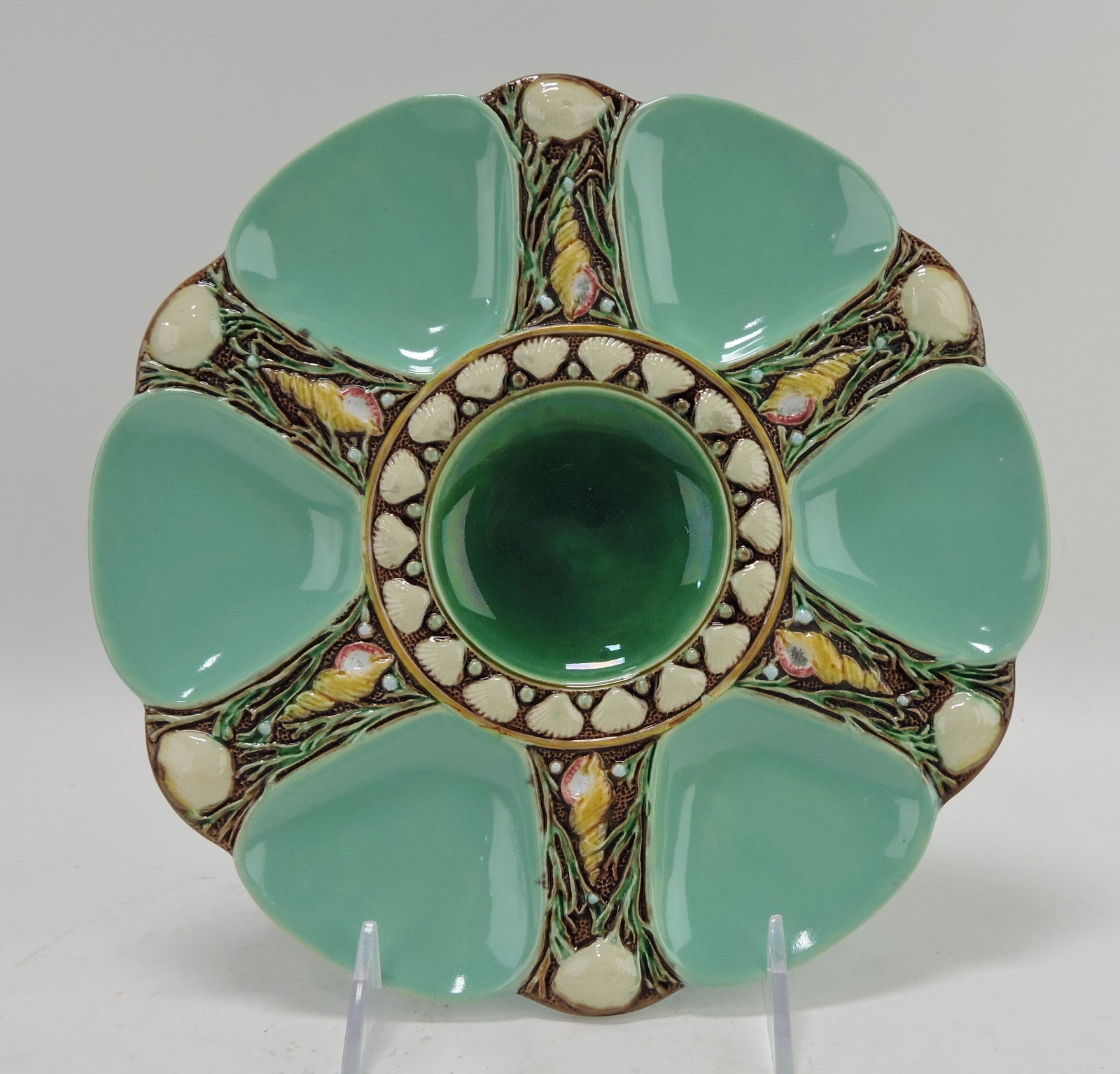 Minton majolica seafoam green: 6 well oyster plate, 9", no. 1323