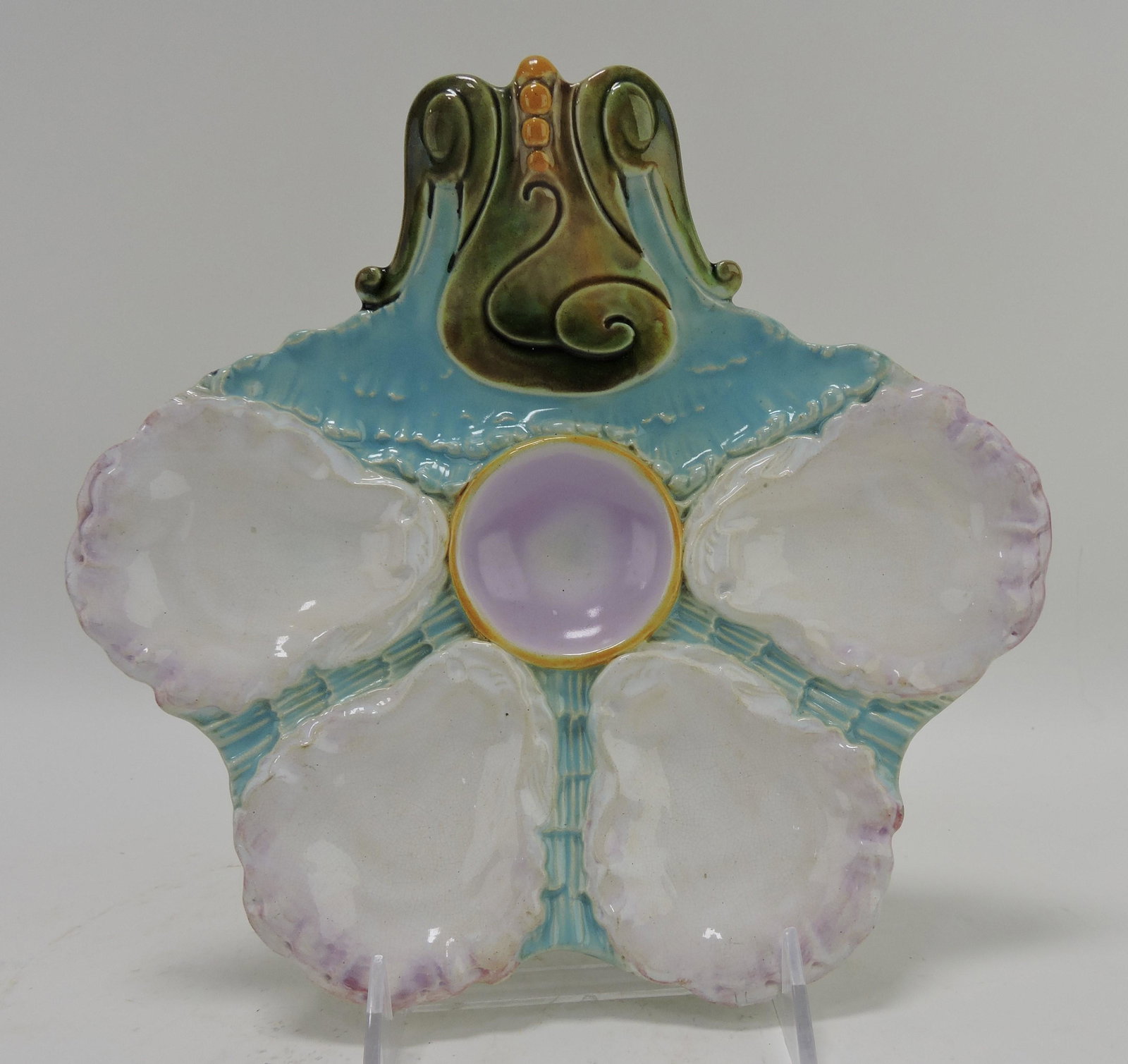 George Jones majolica 4 well oyster: plate, modeled after J. W. Boteler, 9 1/4" x 8 3/4"