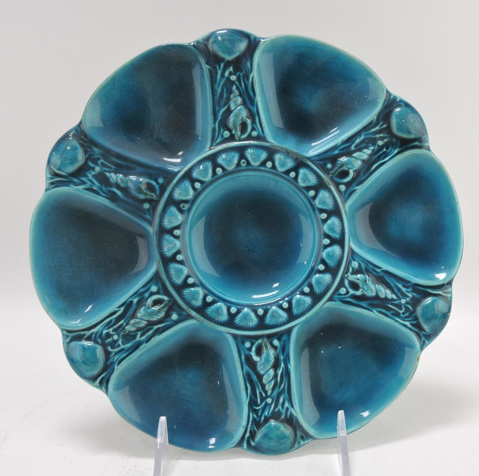 Minton majolica French blue 6 well: oyster plate, 9", no. 1323, hairline