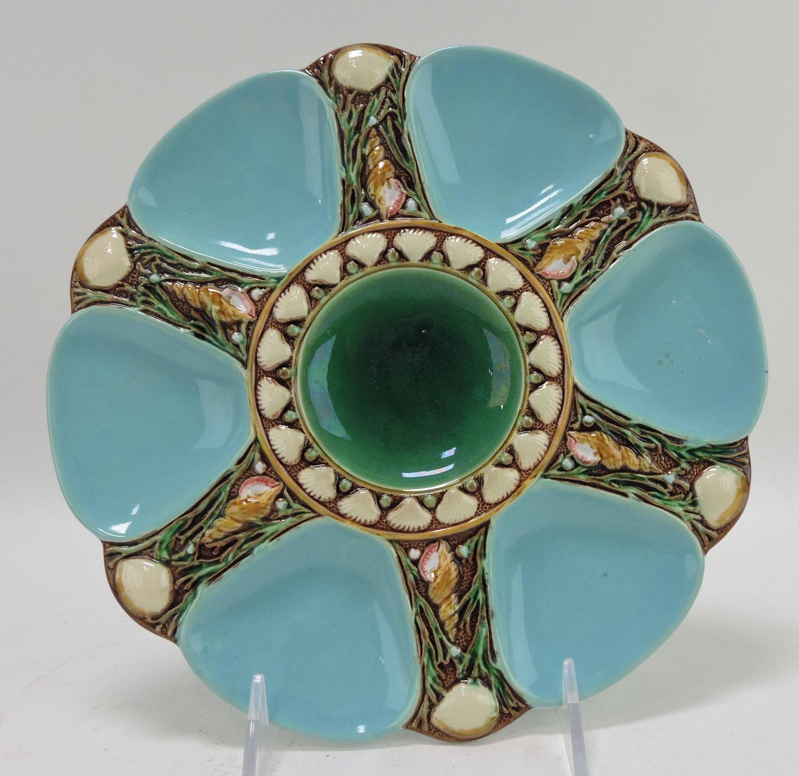 Minton majolica turquoise 6 well: oyster plate, 9", no. 1323