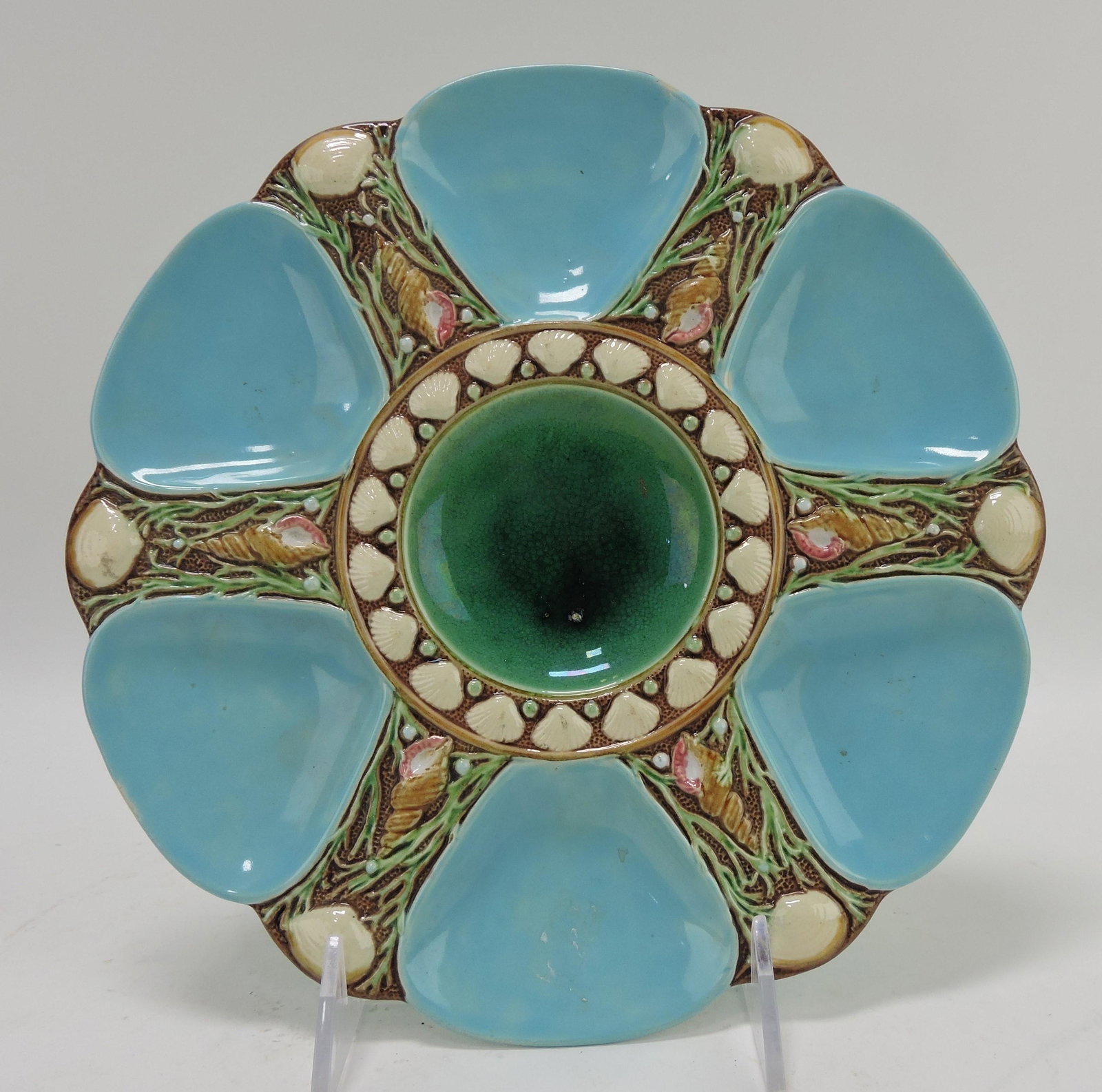 Minton majolica turquoise 6 well: oyster plate, 9", no. 1323