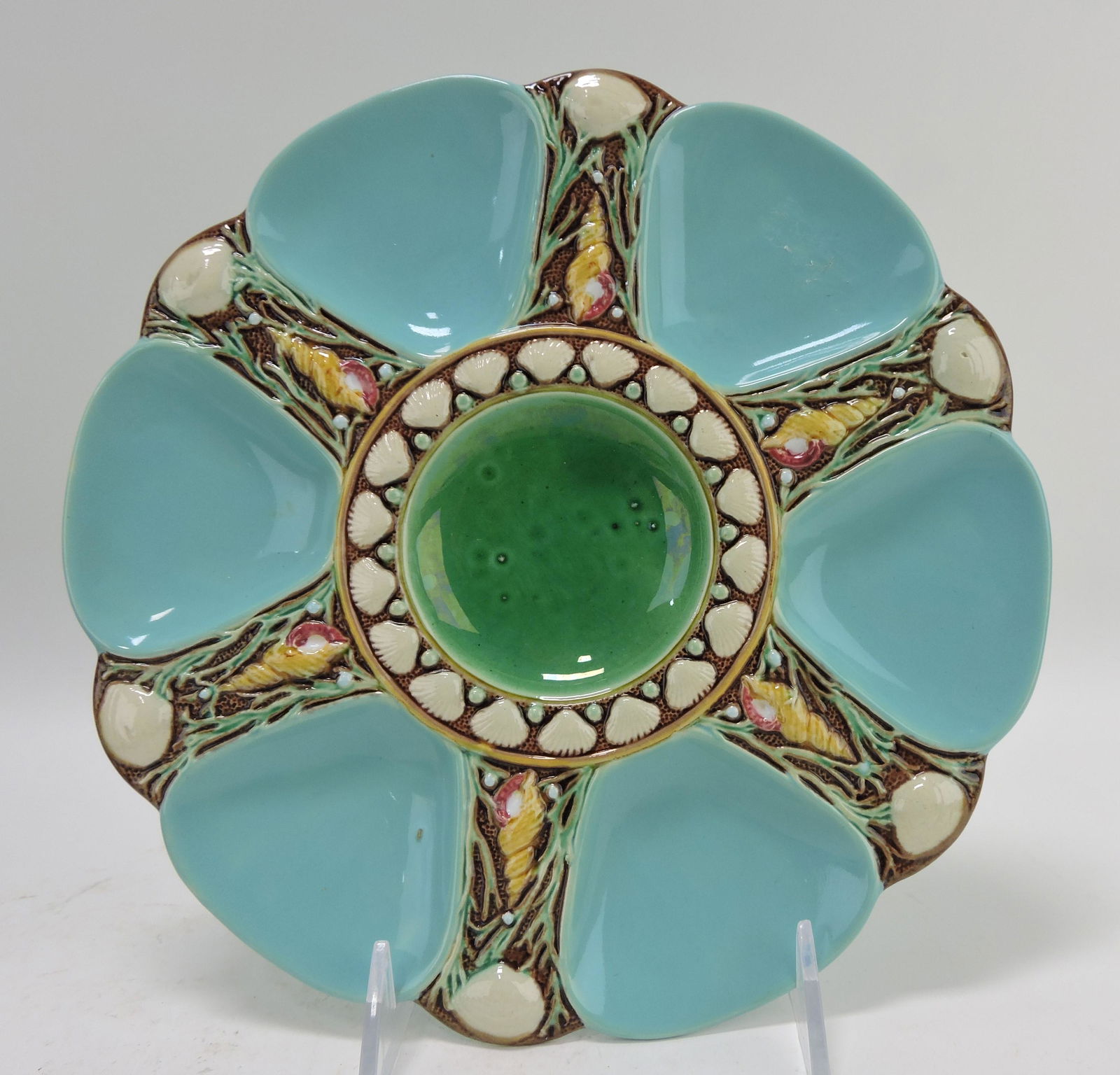 Minton majolica turquoise 6 well: oyster plate, 9", no. 1323