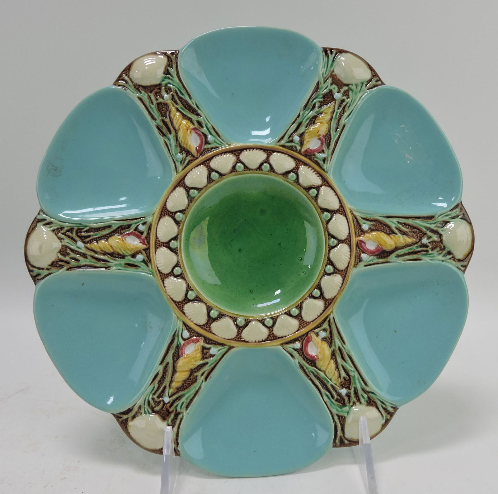Minton majolica turquoise 6 well: oyster plate, 9", no. 1323