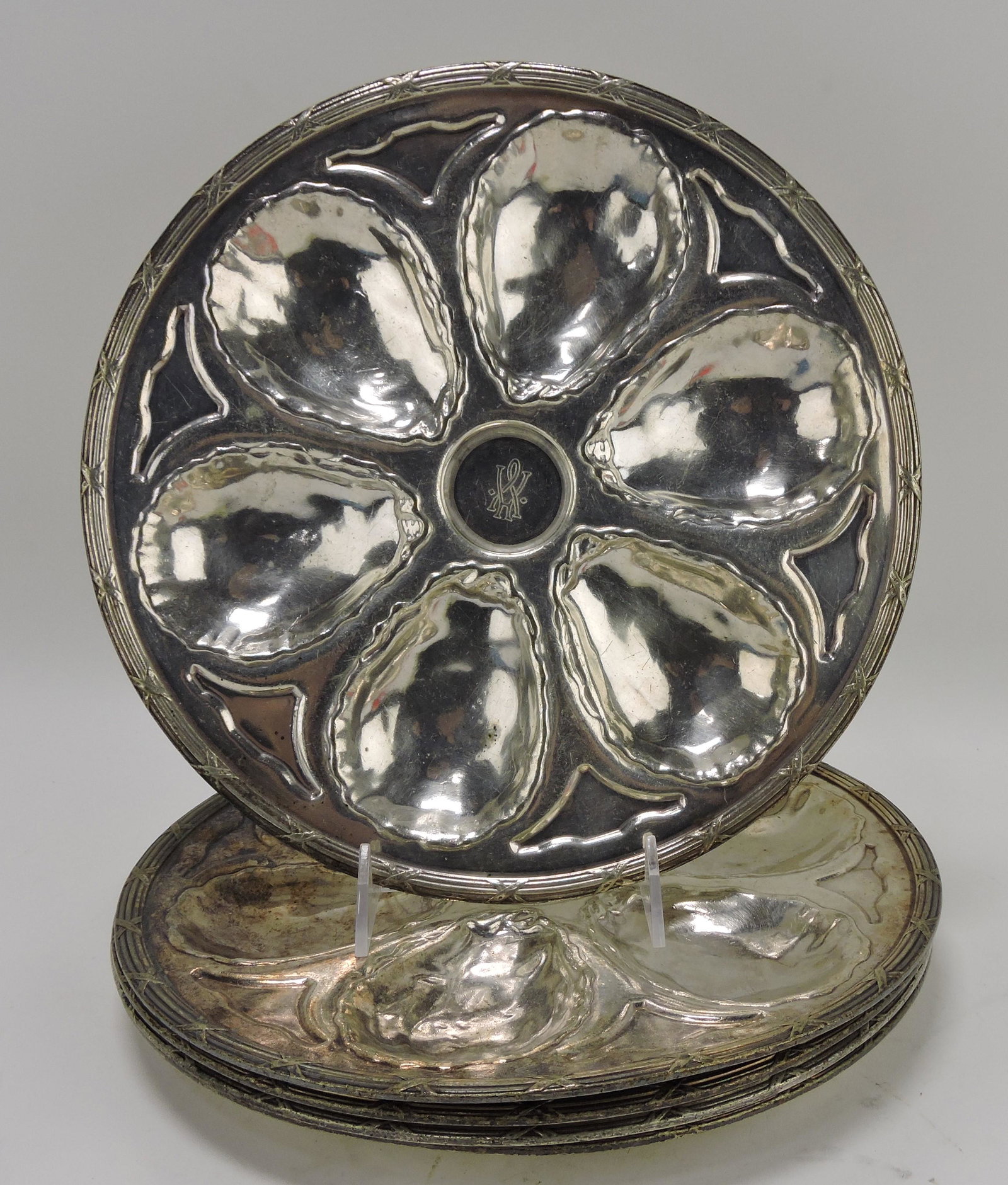 The Victor Hugo set of 5 - 11": 6 well silverplate oyster plates