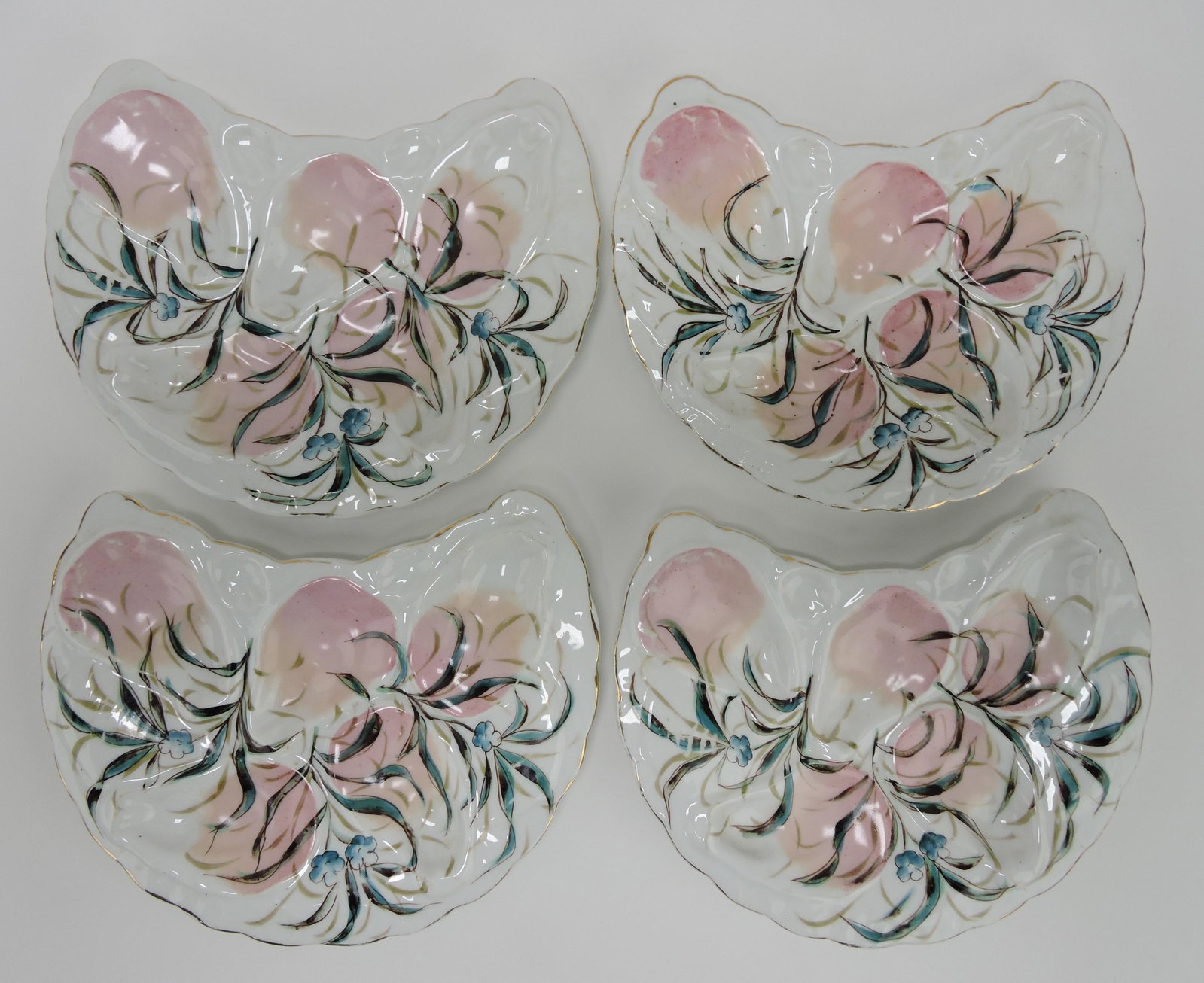 Set of 4 crescent shaped 5 well: oyster plates, 8 3/4"