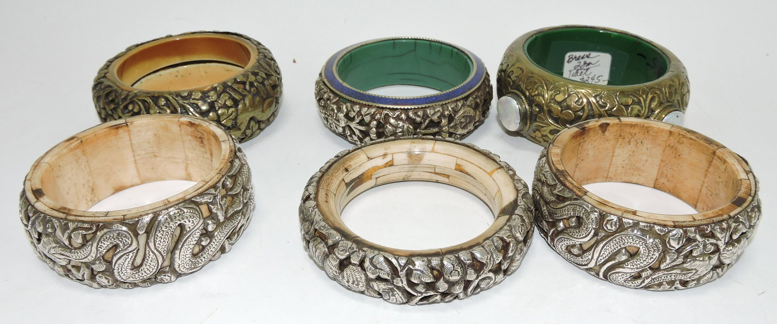Tibet silver and brass over Bakelite: and bone lot of 6 bangle bracelets