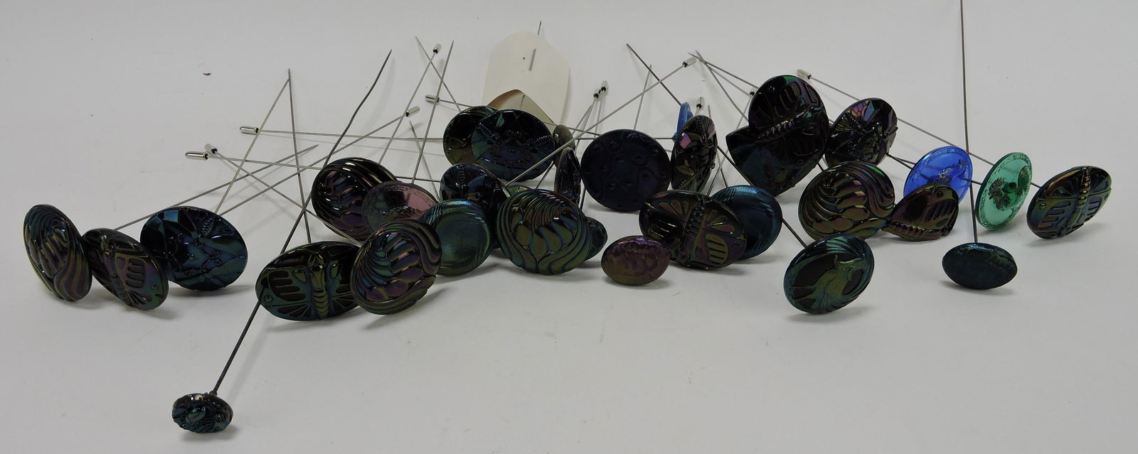 Carnival glass hat pin collection of 34 (1 of 2)