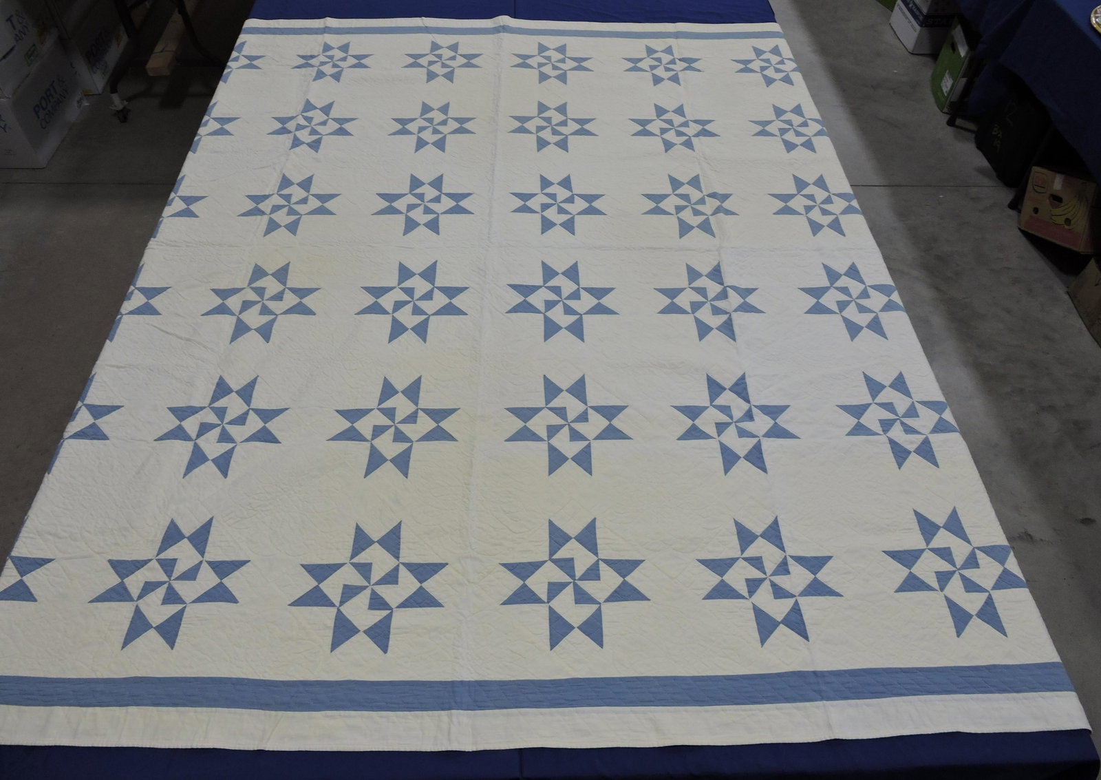 Blue and white star antique quilt,: 86"x86"