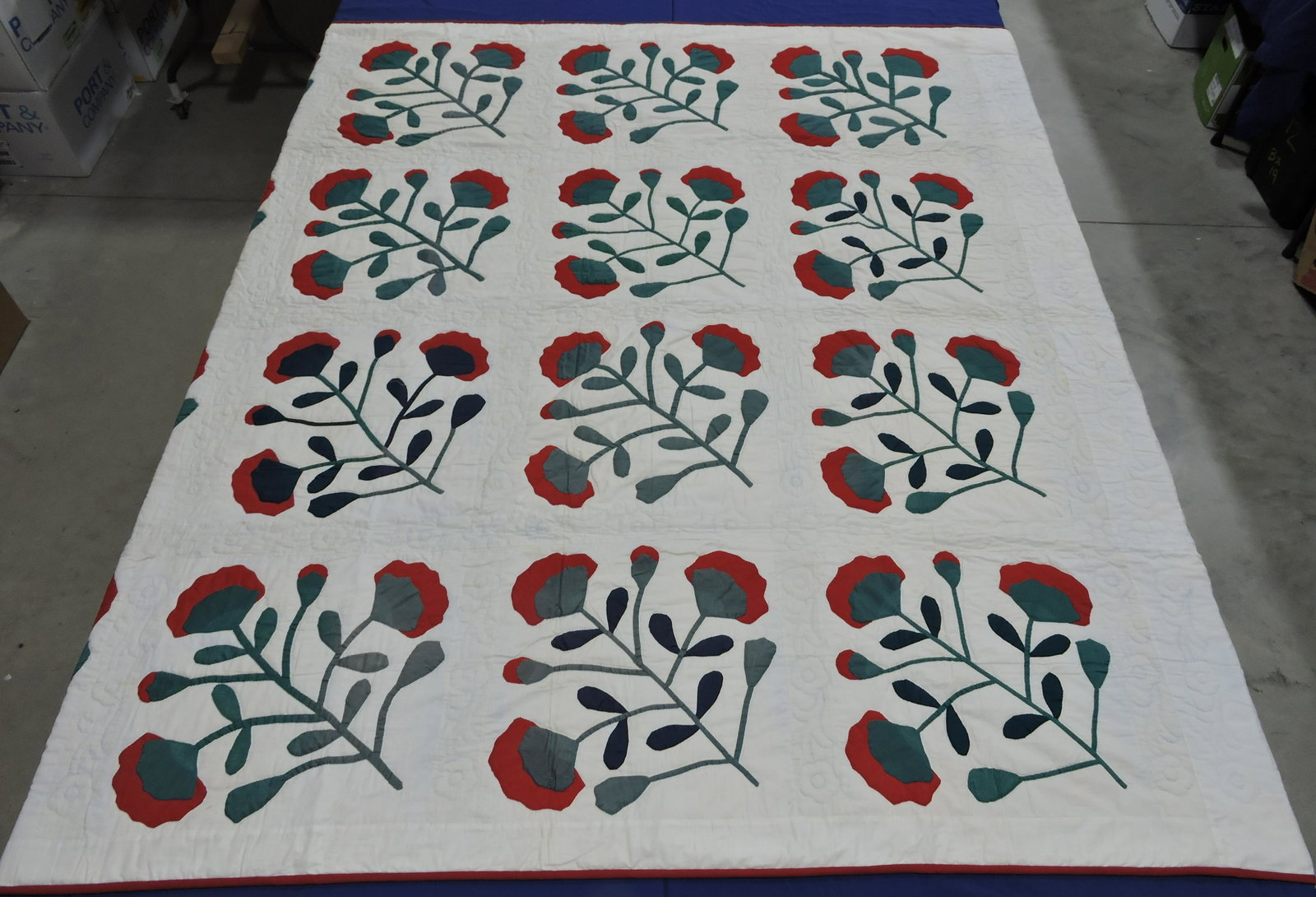 Antique green and red applique: quilt, 81"x91"