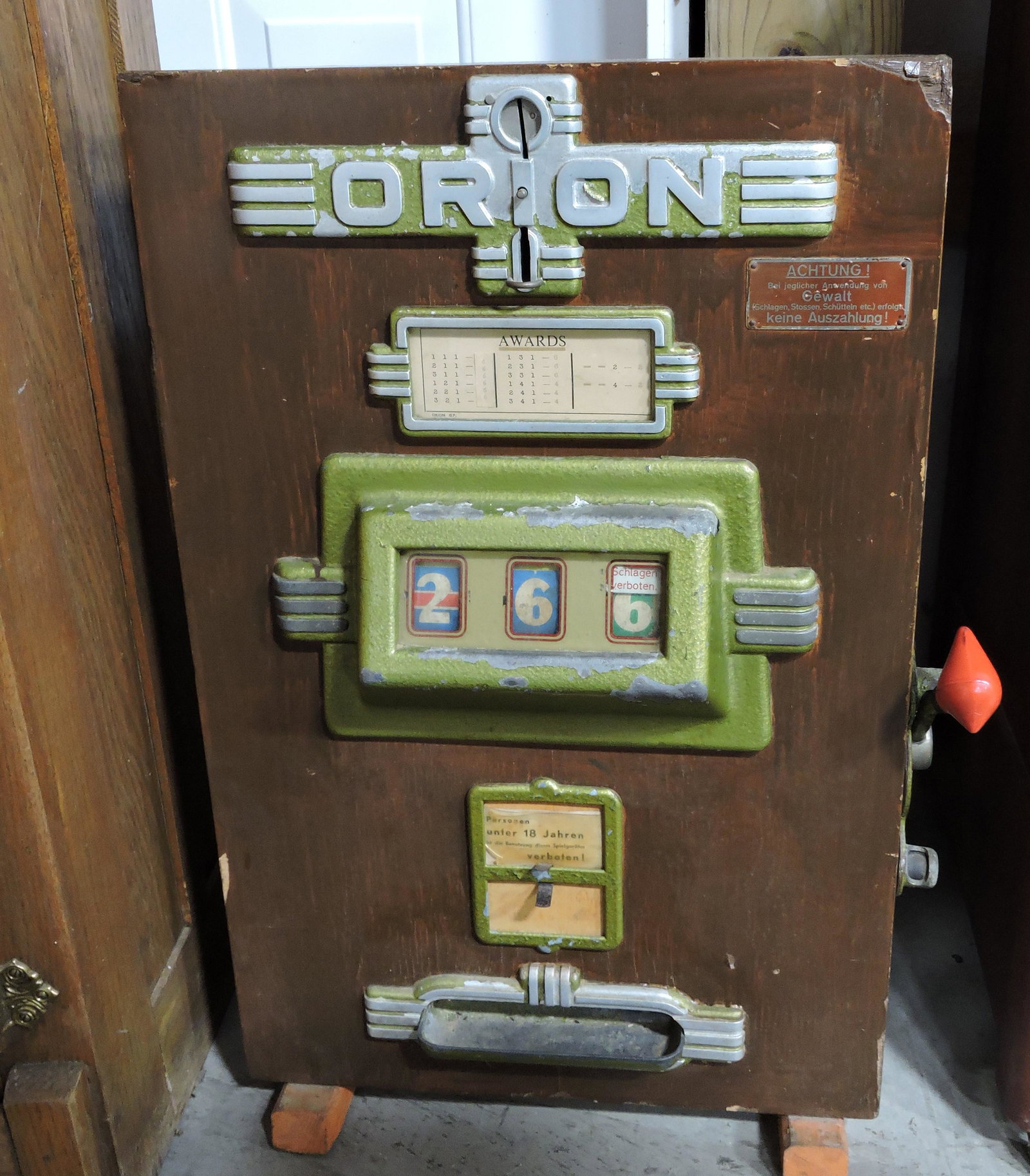 Orion German slot machine,: 29"h, 18"w