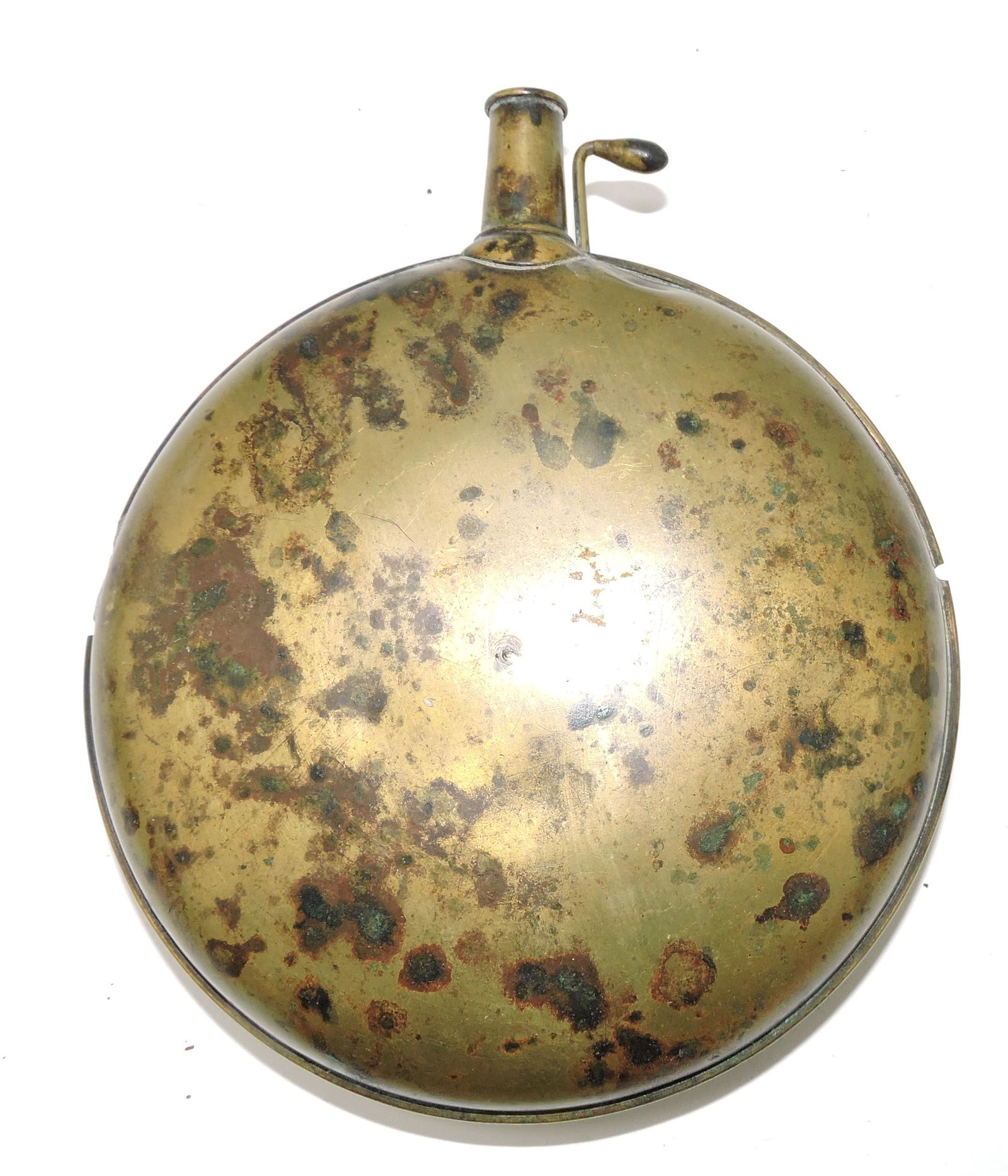 Early brass powder flask, 5"d (1 of 1)