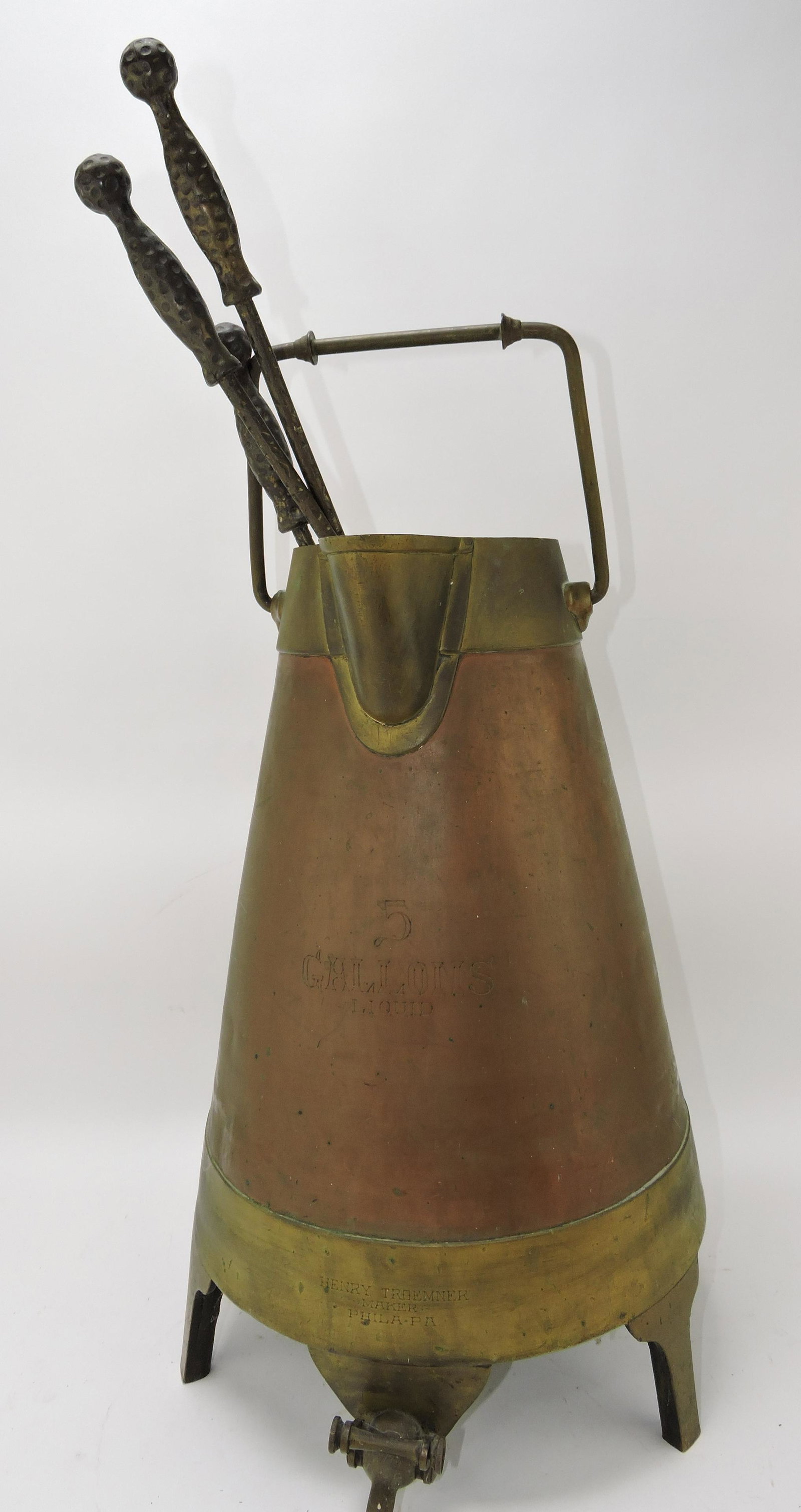 Henry Troemner (Philadelphia) copper: and brass beer/ale dispenser, impressed mark, 20"h, with set of fireplace tools