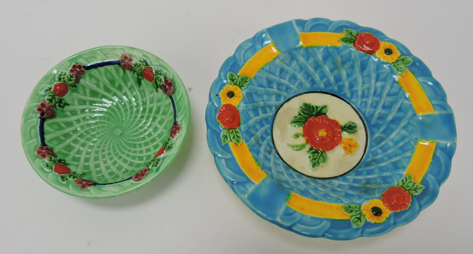 Fiesta Harlequin style basketweave: ashtray and nut cup, Marutomoware, Japan