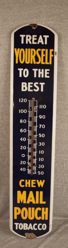 Mail Pouch porcelain advertising thermometer, some l: Mail Pouch porcelain advertising thermometer, some losses, nail holes, 39"