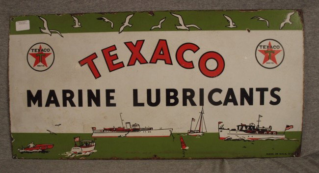 Texaco Marine Lubricants very rare porcelain sign w: Texaco Marine Lubricants very rare porcelain sign with ships and boats on water with seagulls overhead, minor edge losses, 30" x 15"