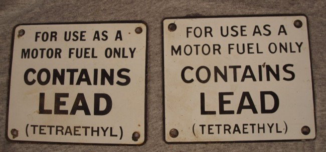 2 porcelain gas pump signs, "For Use As A Motor Fu: 2 porcelain gas pump signs, "For Use As A Motor Fuel Only, Contains Lead", 7" x 6"
