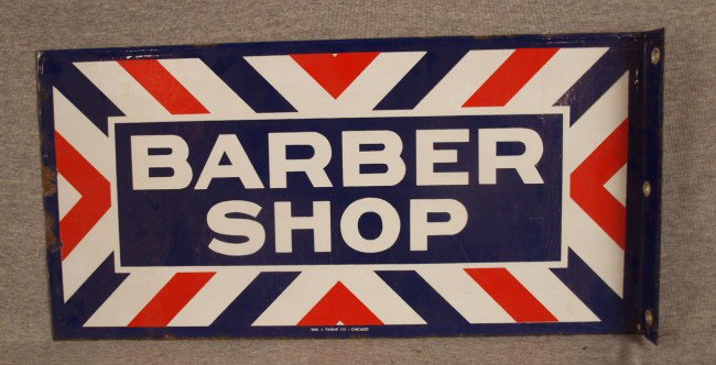 Porcelain "Barber Shop" 2 sided flange sign, minor: Porcelain "Barber Shop" 2 sided flange sign, minor loss to edge on both sides, 24" x 12"