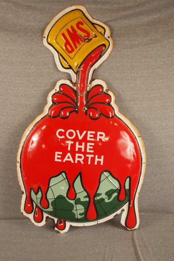 Sherman Williams Paint rare porcelain sign with pa: Sherman Williams Paint rare porcelain sign with paint covering globe, some losses, nice sign, 25" x 44"