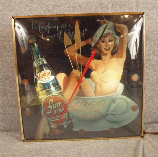 Sun Drop Golden Cola lighted advertising clock wit: Sun Drop Golden Cola lighted advertising clock with lady in cup