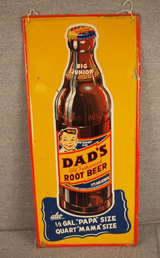 Dad's Root Beer sign, 13 1/2" x 29", some losses : Dad's Root Beer sign, 13 1/2" x 29", some losses