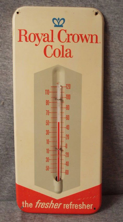 Royal Crown Cola tin advertising thermometer, 5 3/: Royal Crown Cola tin advertising thermometer, 5 3/4" x 13 1/2"