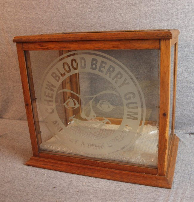 Oak counter top display case, "Chew Blood Berry Gu: Oak counter top display case, "Chew Blood Berry Gum and Get A Pink Breath", 15 3/4"w, 14 1/4"h, 10 1/2"d
