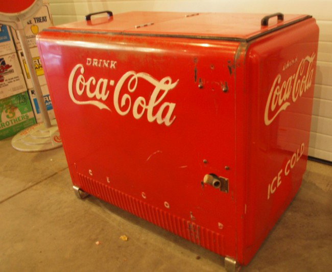 Coca Cola pop cooler, 41"w x 34"h, with embossed i: Coca Cola pop cooler, 41"w x 34"h, with embossed interior door panels and condensing unit