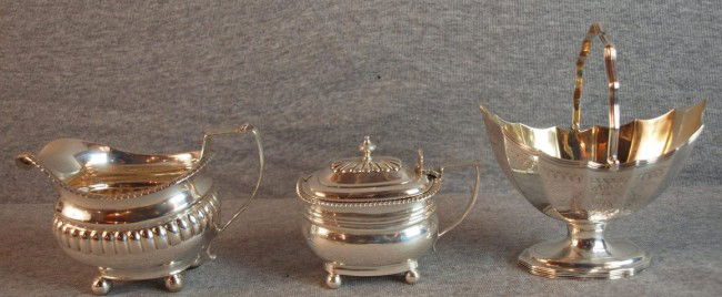 3 pieces os sterling silver - creamer - London 1812: 3 pieces os sterling silver - creamer - London 1812 with Gadroom trim and ball feet, hallmarked; Charles Stuart Harris sugar bowl, 1900, hallmarked and Robert Henell 1793 sugar basket with swing handl