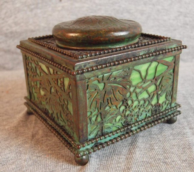 Tiffany Studios New York bronze grape vine inkwell,: Tiffany Studios New York bronze grape vine inkwell, signed and numbered, 4"