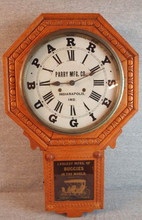 New Haven oak wall regulator advertising clock "Pa: New Haven oak wall regulator advertising clock "Parry Mfg, Largest Mfrs of Buggies in the World, Indianapolis, IN"