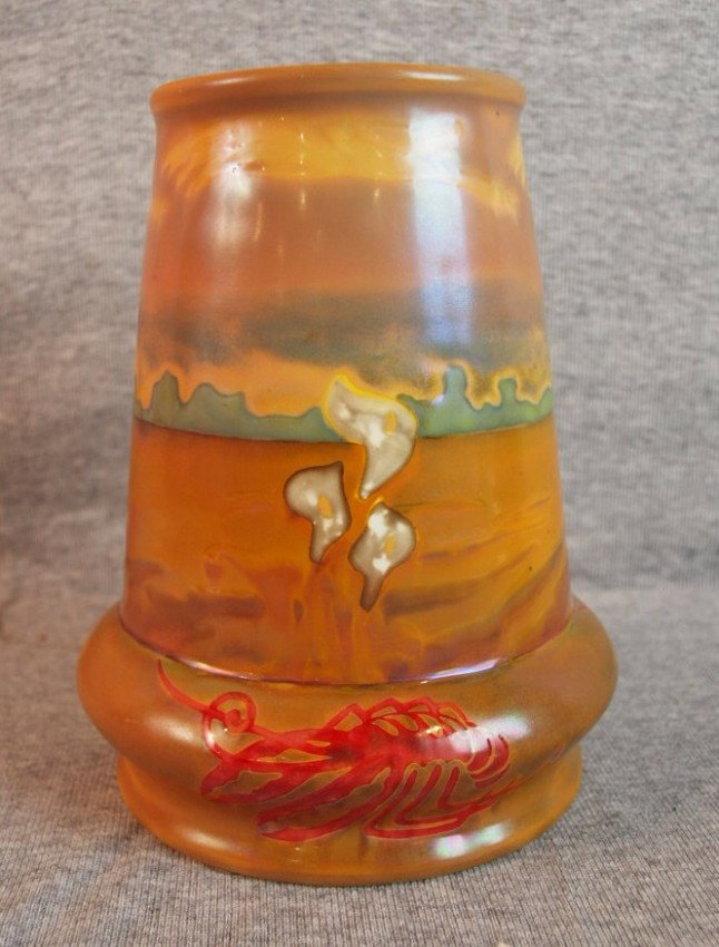 Zsolnay art pottery vase with stylized landscape, : Zsolnay art pottery vase with stylized landscape, 6 1/4"