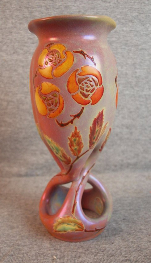 Zsolnay art pottery organically shaped vase with f: Zsolnay art pottery organically shaped vase with floral motif, 8 3/4", #6181, rare form