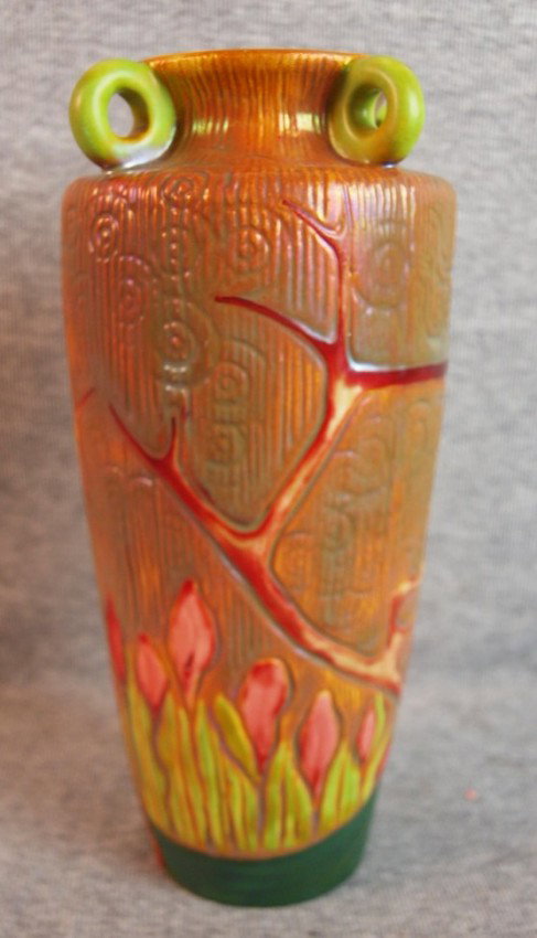 Zsolnay art pottery with 4 chartreuse ring handles: Zsolnay art pottery with 4 chartreuse ring handles, carved floral motif with irridescent glaze, 8 1/4", minor nick on base