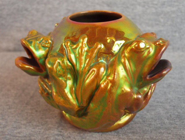 Zsolnay art pottery vase with three frogs in polyc: Zsolnay art pottery vase with three frogs in polychrome Eosin glaze, rare form, #5771, 4 1/4"